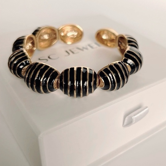 Cuff Black Bracelet | Handcrafted 22K Gold Tone | Enameled Adjustable Jewelry - Picture 1 of 10